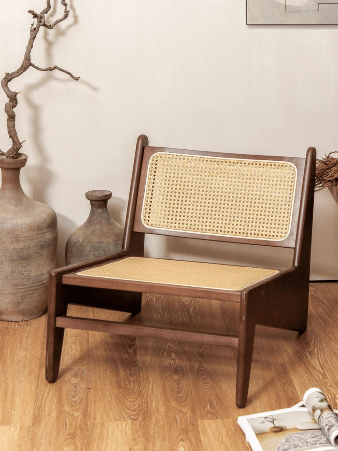 Designer-Sitz aus Rattan und Holz Fauteuil Känguru Japandi-Stil